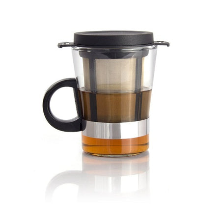 Finum Glass, Black tea glass with black plastic handle and a brewing basket sixeM black